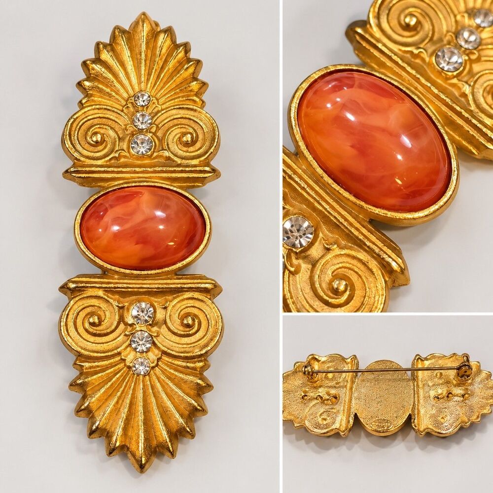 Gold Tone Egyptian Revival Brooch Orange Cabochon Rhinestone Pin Art Deco